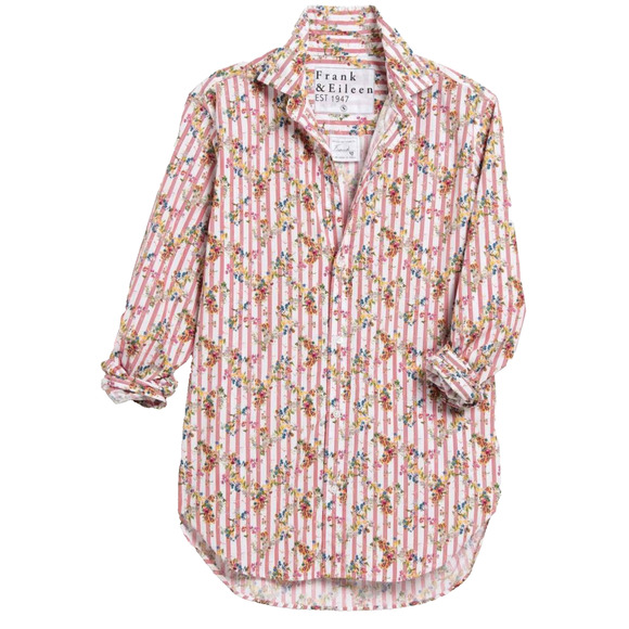 Frank & Eileen "Frank" Shirt Womens Large Red Mini Stripe with Flowers Button Up - Picture 1 of 10